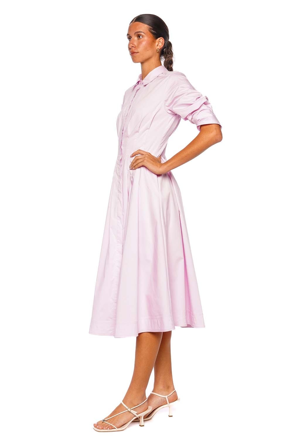 SIMKHAI Jazz Pintuck Tulip Pink Midi Dress with Long Sleeves