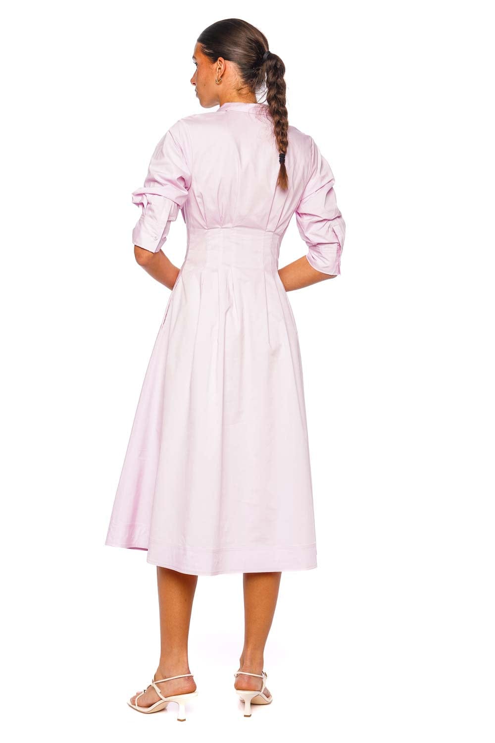 SIMKHAI Jazz Pintuck Tulip Pink Midi Dress with Long Sleeves