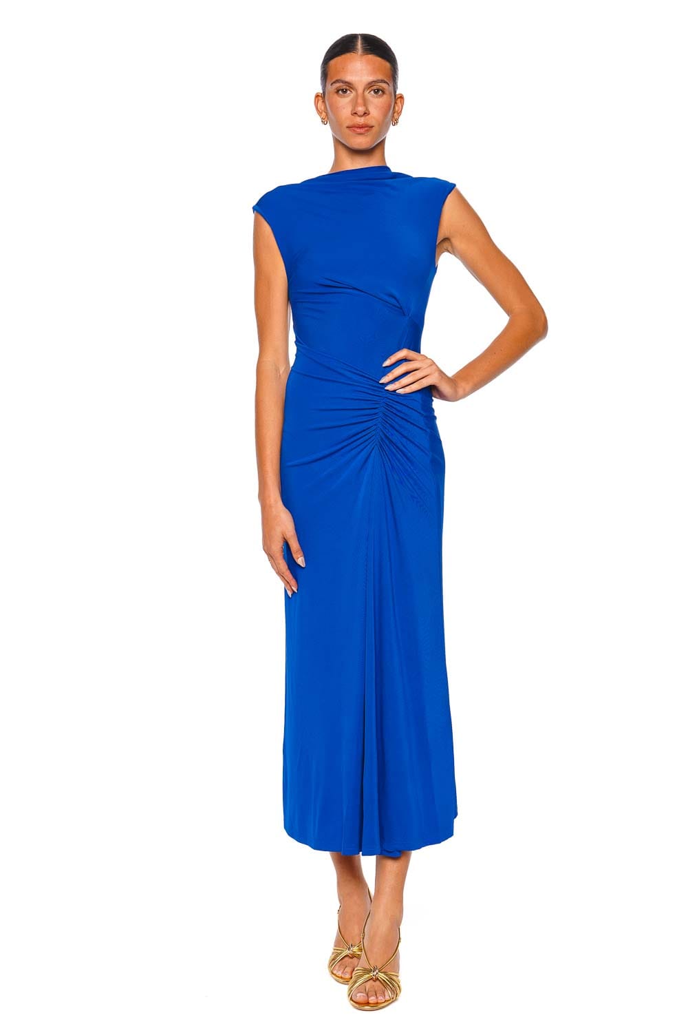 SIMKHAI Acacia Draped Jersey Royal Blue Cap Sleeve Midi Dress