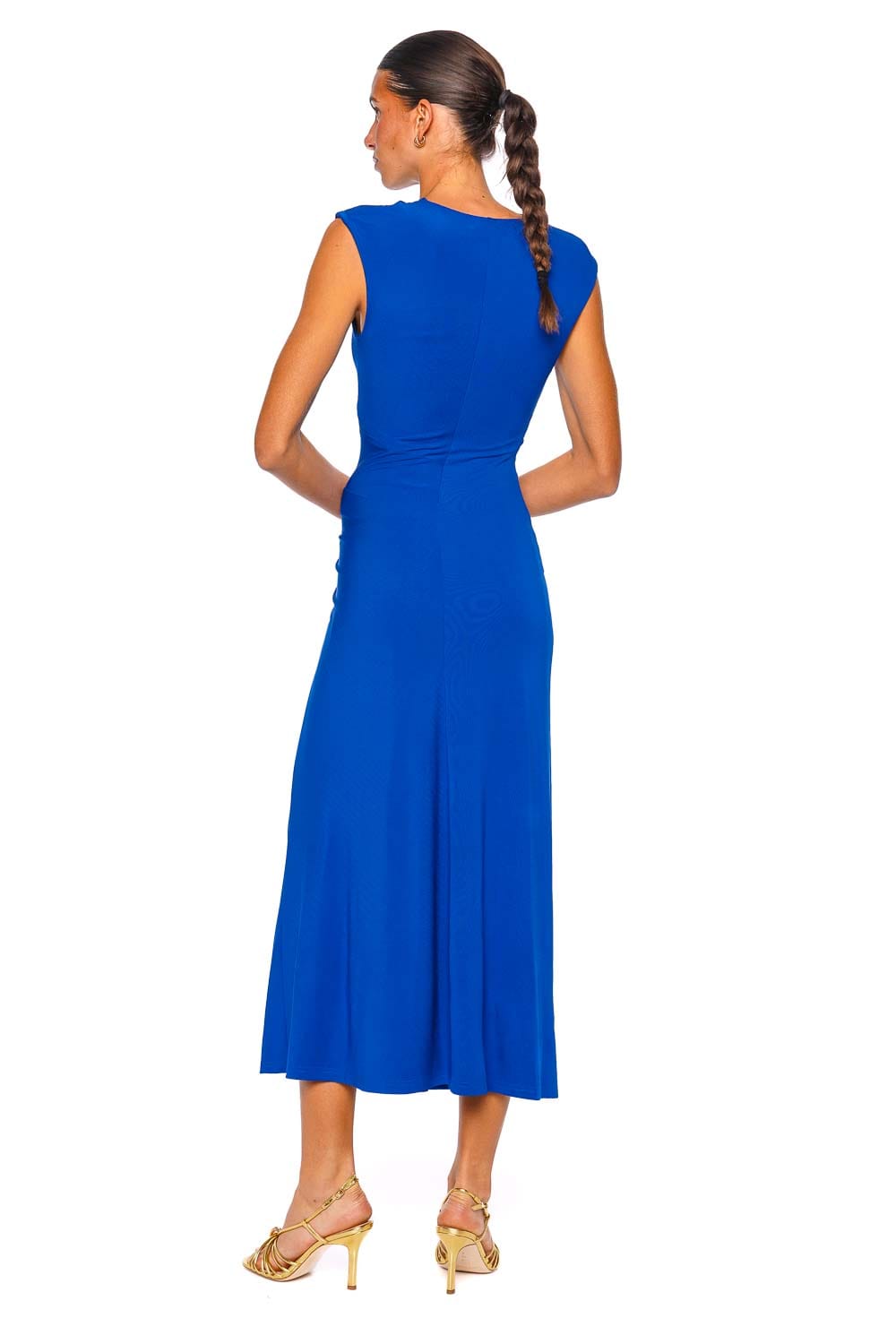 SIMKHAI Acacia Draped Jersey Royal Blue Cap Sleeve Midi Dress