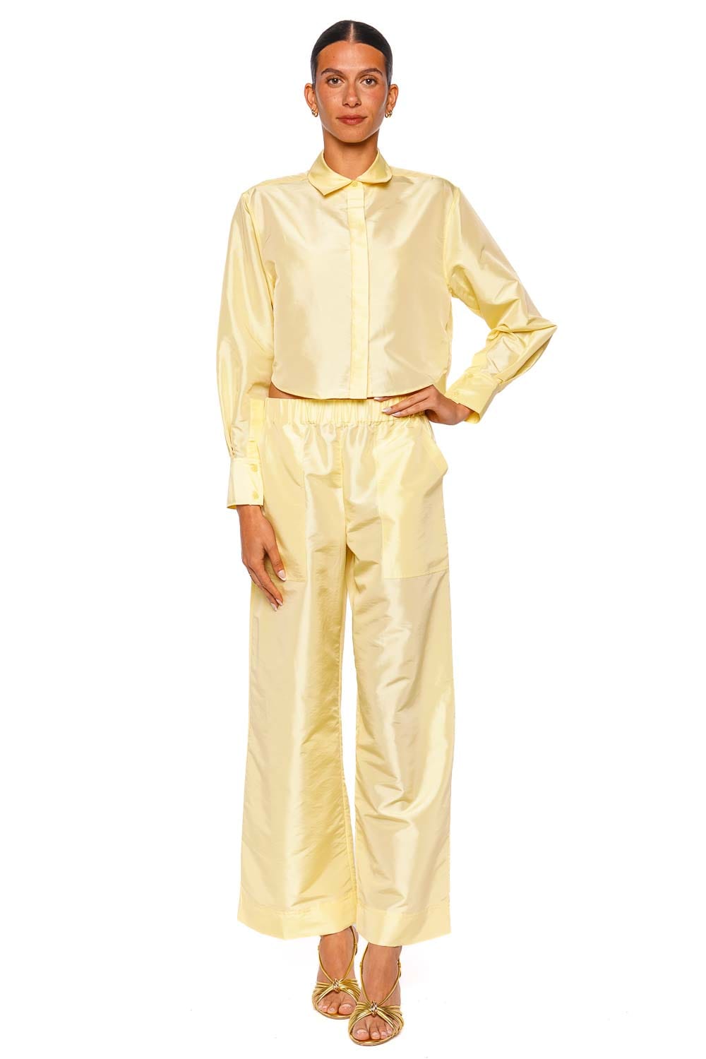 SIMKHAI Renata Cropped Button Down Long Sleeve Shirt Pale Yellow