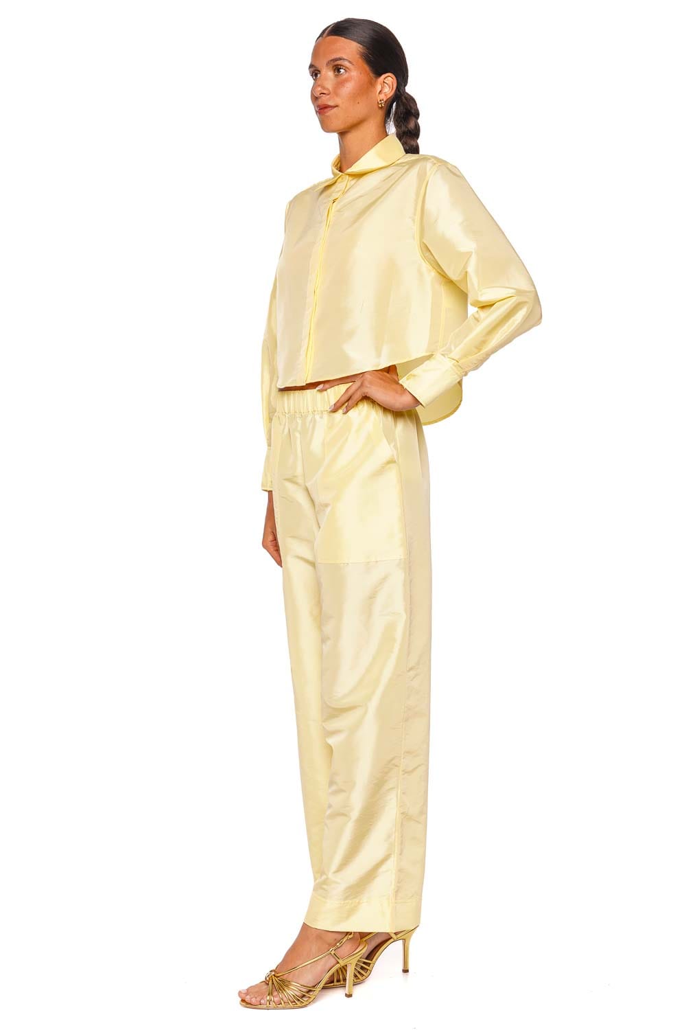 SIMKHAI Renata Cropped Button Down Long Sleeve Shirt Pale Yellow