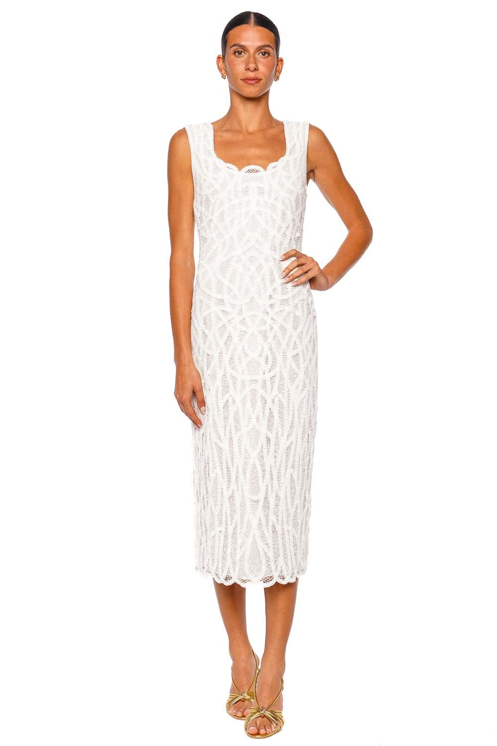 SIMKHAI Leonora Macrame White Sleeveless Midi Dress