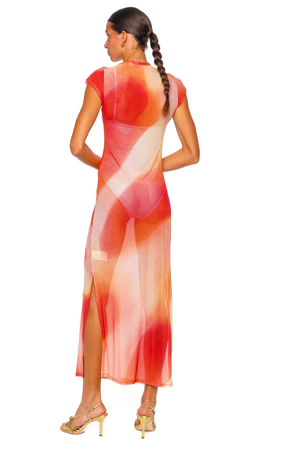 SIMKHAI Fia Golden Hour Sunset Mesh Midi Dress with Cap Sleeves