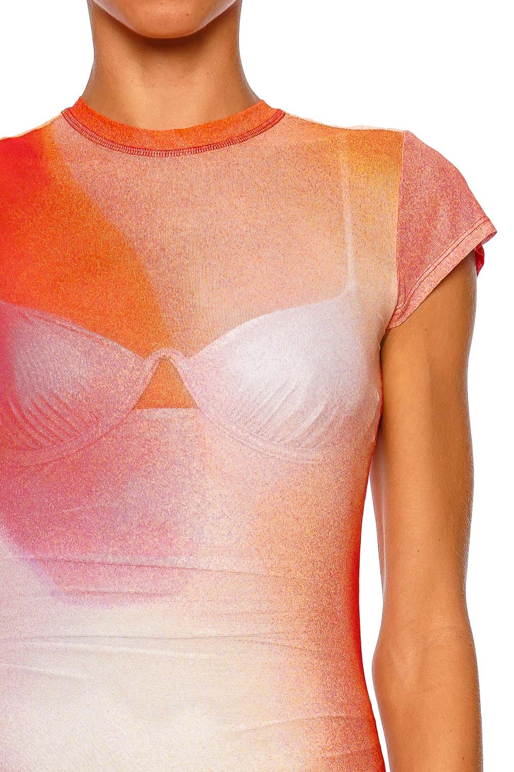 SIMKHAI Fia Golden Hour Sunset Mesh Midi Dress with Cap Sleeves