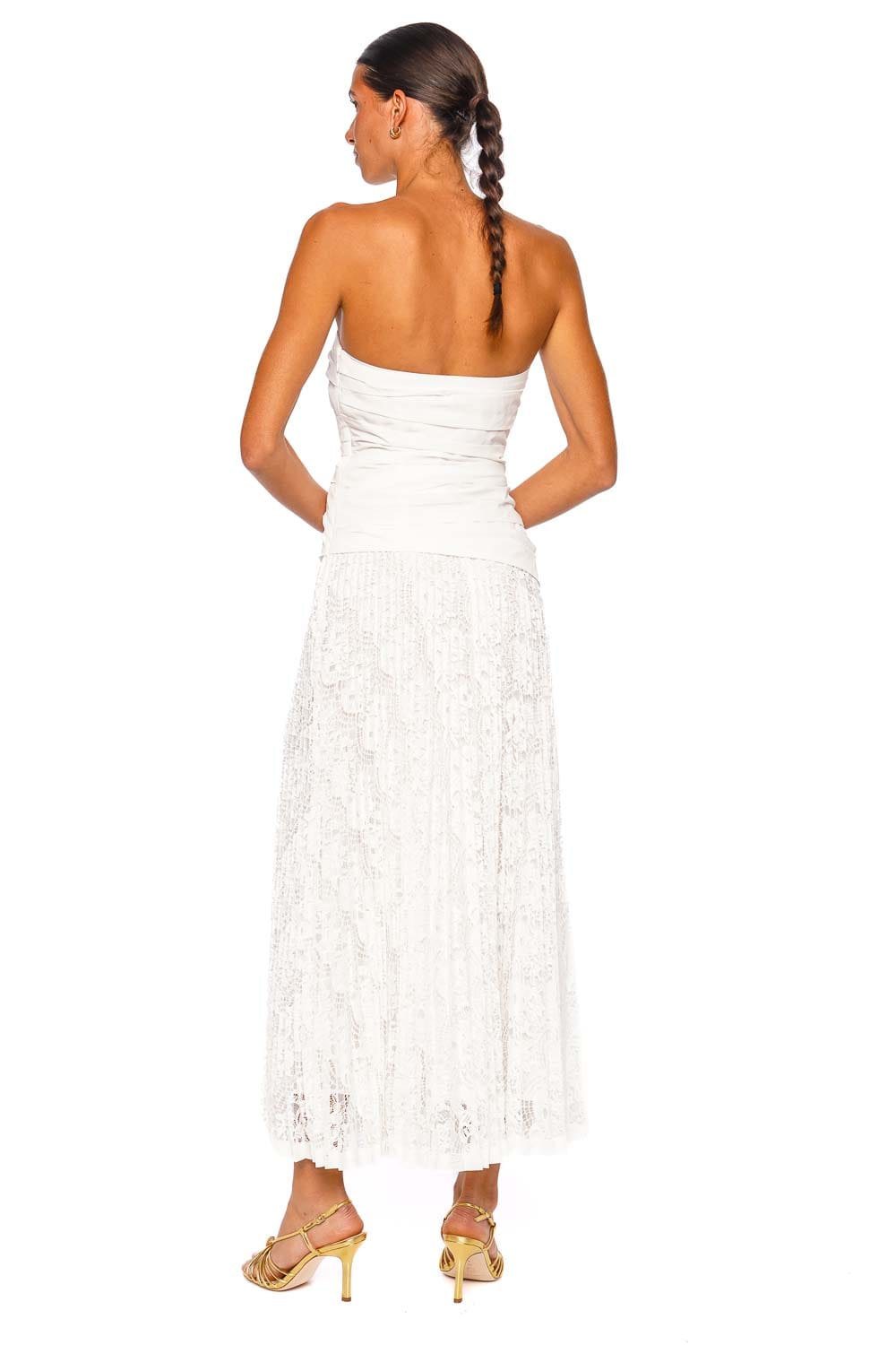SIMKHAI Annalise Ivory Strapless Cotton Lace Midi Dress