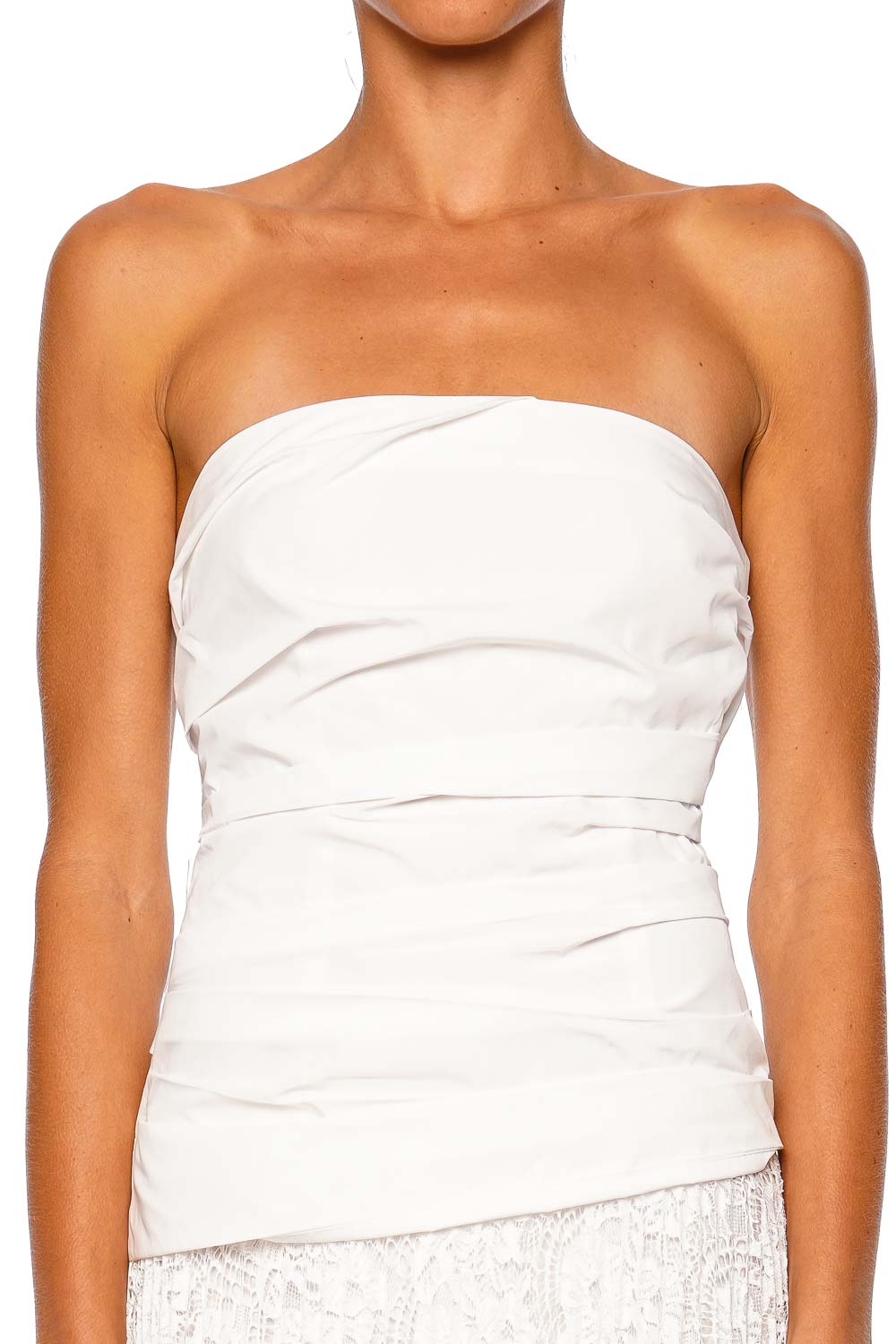 SIMKHAI Annalise Ivory Strapless Cotton Lace Midi Dress