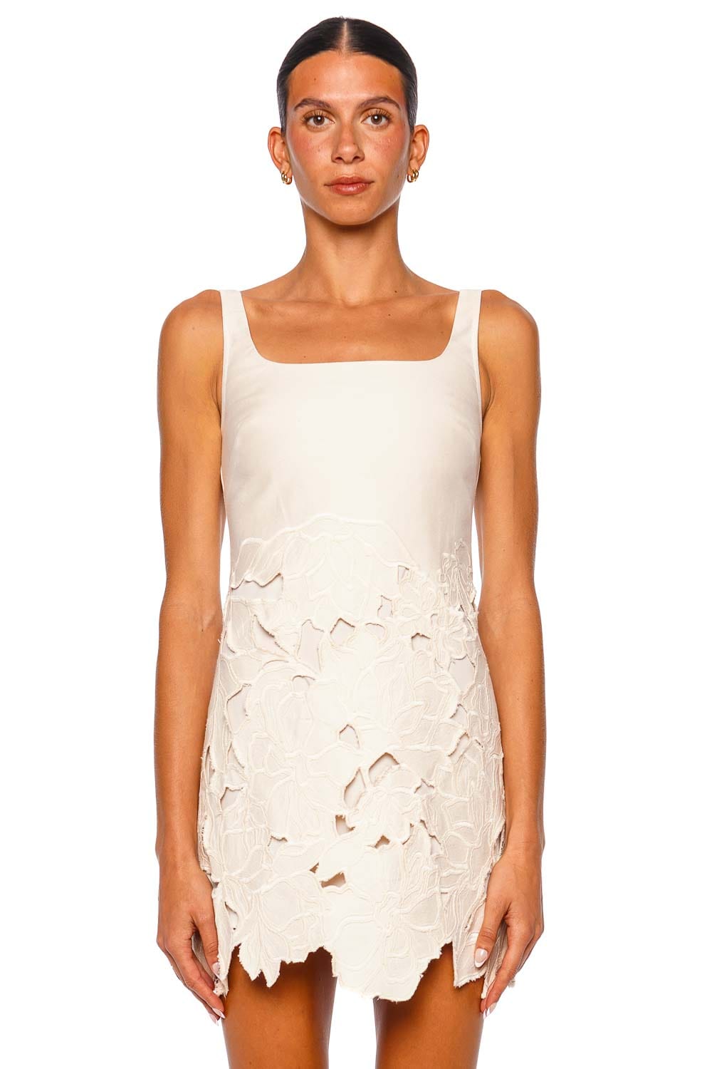 SIMKHAI Ziva Marshmallow Embroidered Mini Dress with Wide Straps