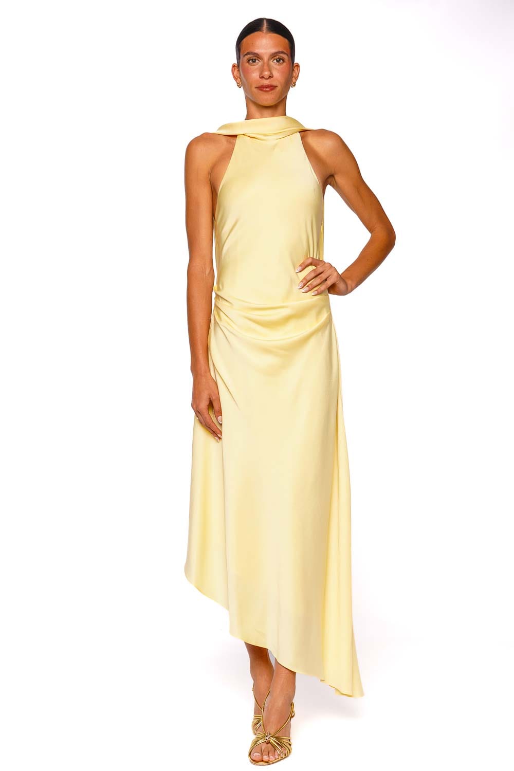 SIMKHAI Monica Buttercream Satin Halter Neck Midi Dress