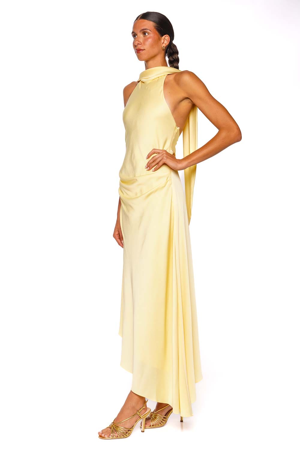 SIMKHAI Monica Buttercream Satin Halter Neck Midi Dress