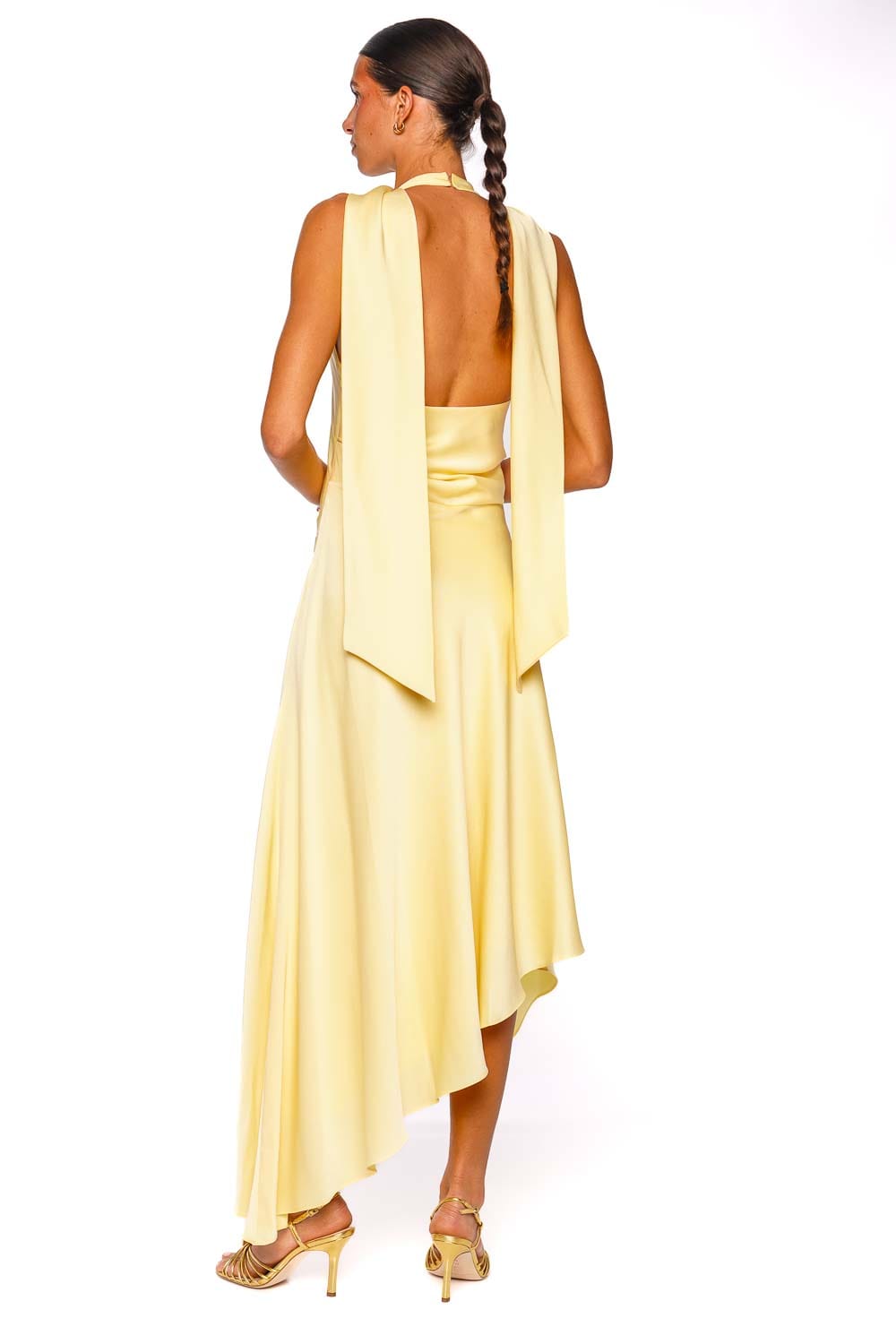 Monica Buttercream Satin Cape Halter Midi Dress