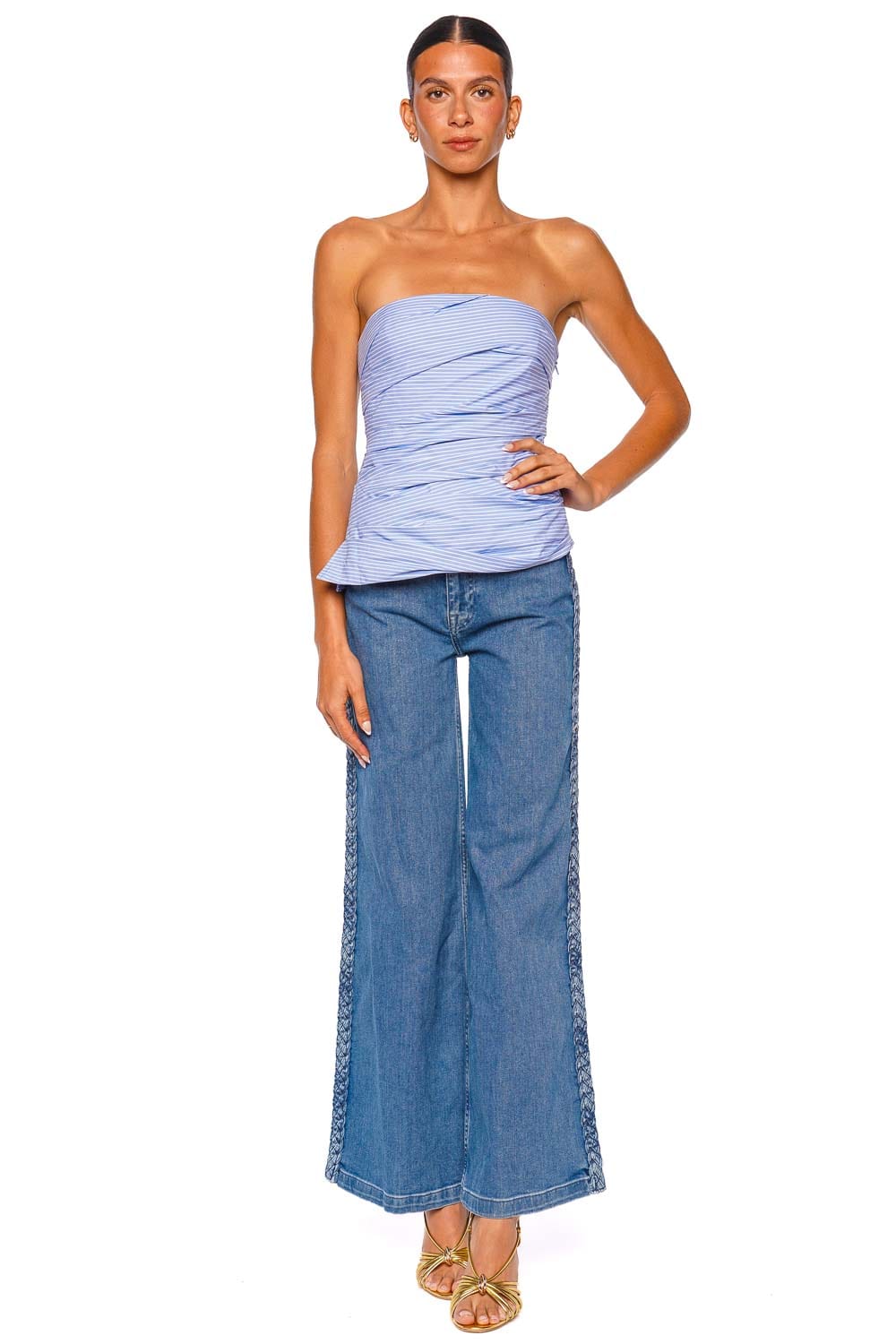 SIMKHAI Emerson Periwinkle Stripe Strapless Ruched Bustier Top