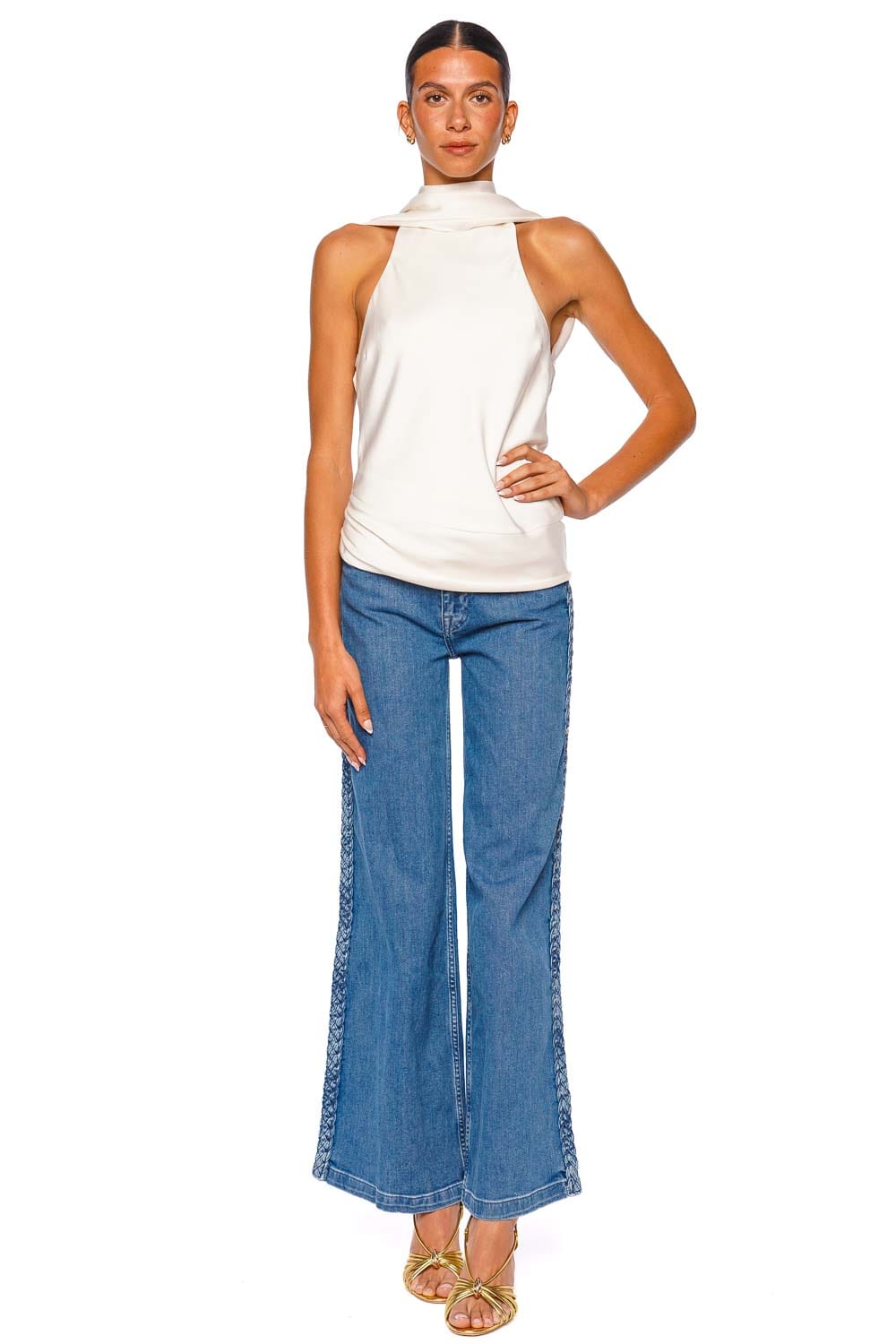 SIMKHAI Samira Ivory Satin Sleeveless Cape Top