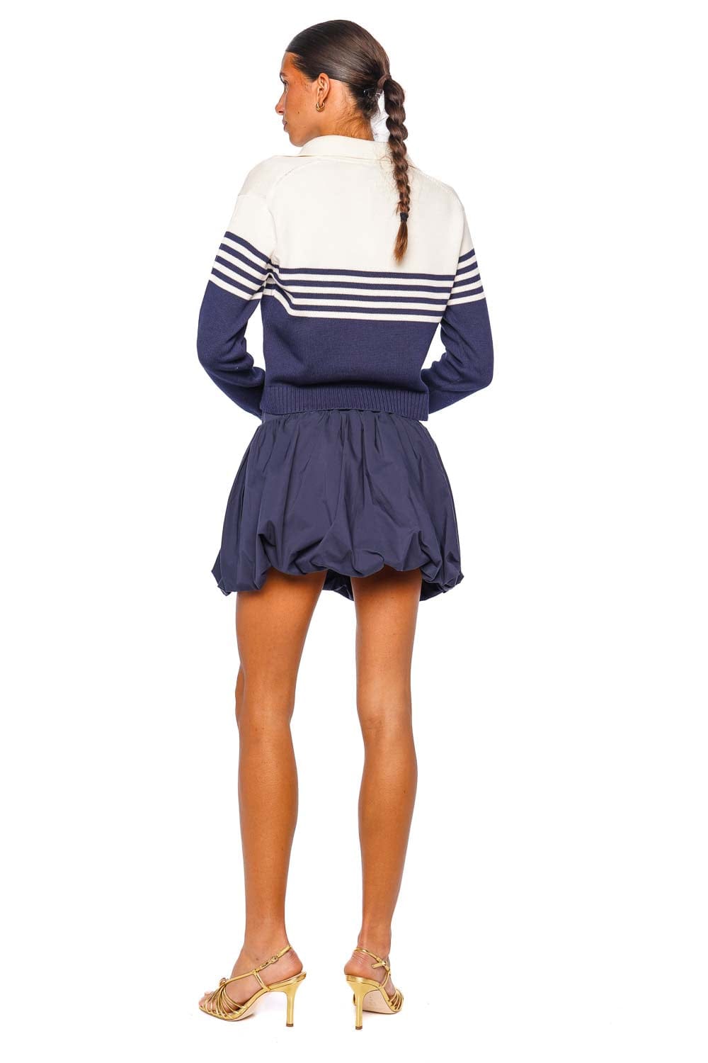 SIMKHAI Jules Knit Midnight Stripe Long Sleeve Polo Top