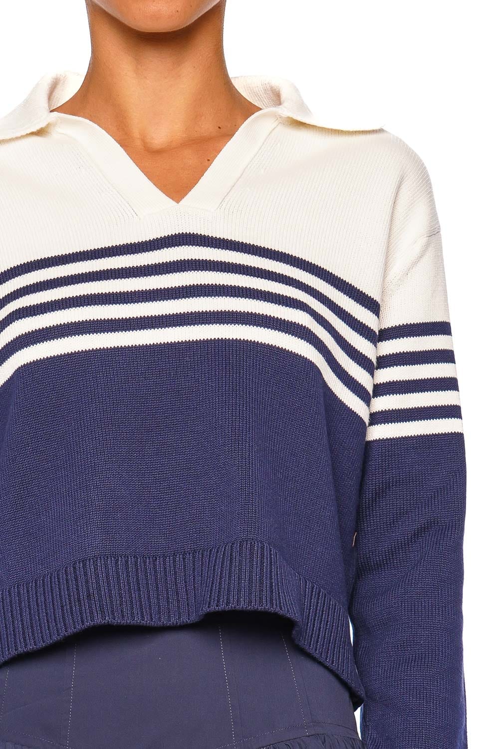 SIMKHAI Jules Knit Midnight Stripe Long Sleeve Polo Top
