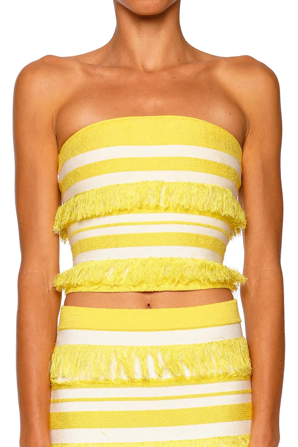 SIMKHAI Cairo Knit Solar Stripe Strapless Tube Top Yellow and White