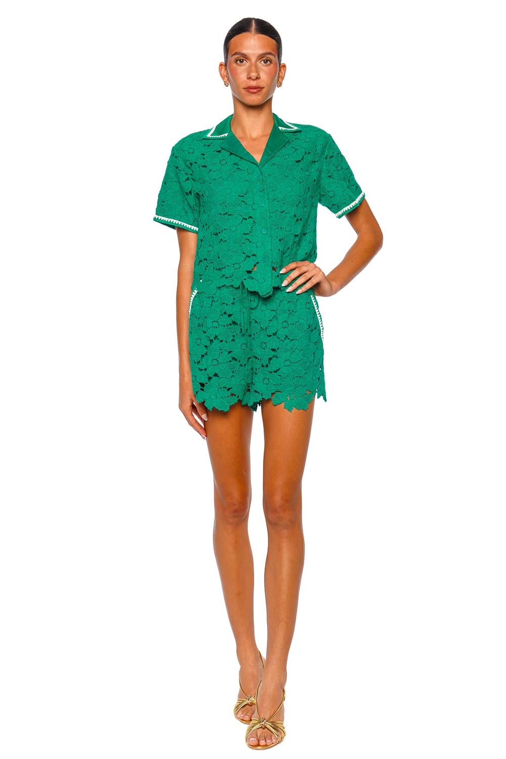 SIMKHAI Holly Lace Kelly Green Short Sleeve Shirt and Shorts Set