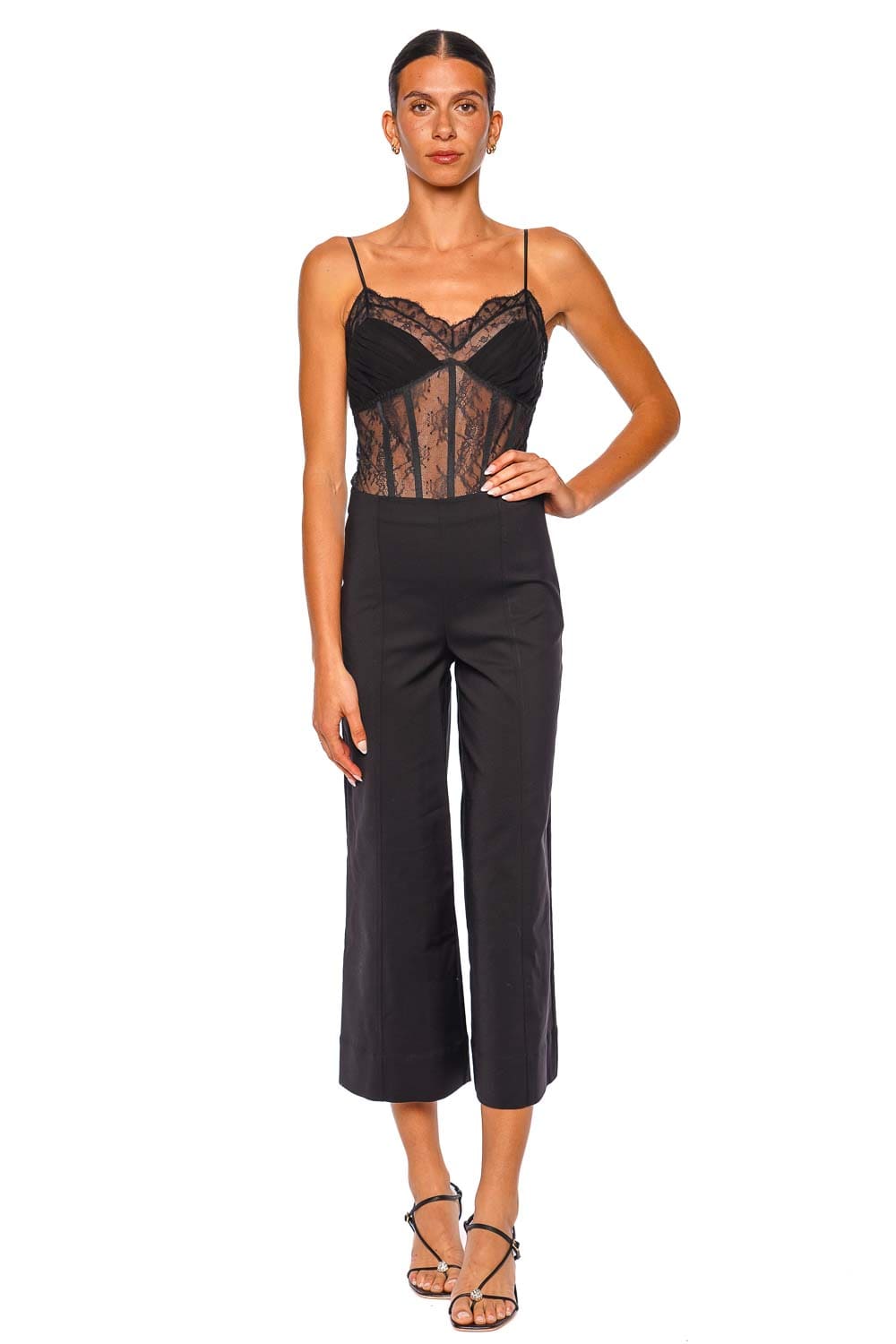 SIMKHAI Angelina Lace Bustier Black Bodysuit with Spaghetti Straps