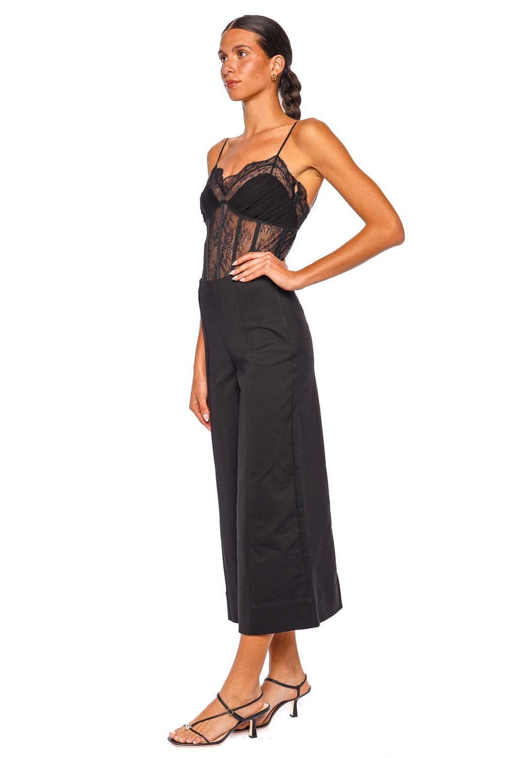 SIMKHAI Angelina Lace Bustier Black Bodysuit with Spaghetti Straps