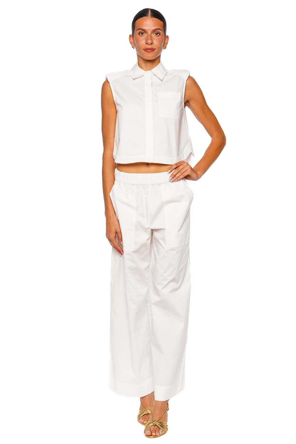 SIMKHAI Winslow White Sleeveless Cropped Shirt