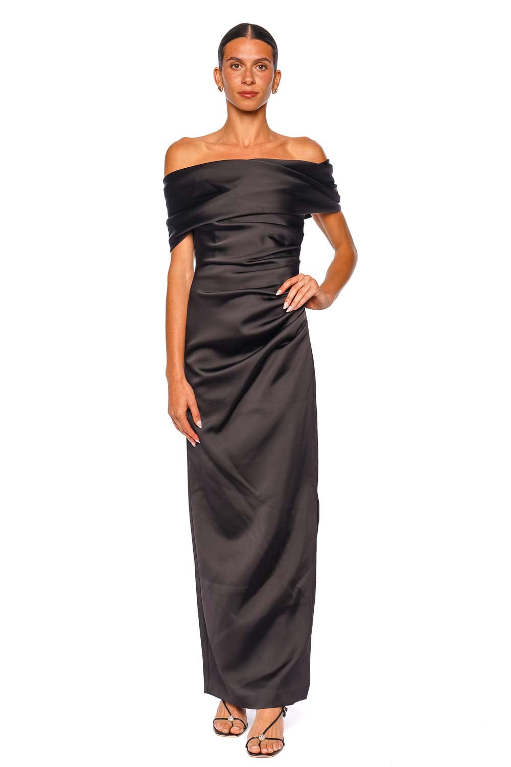 SIMKHAI Valencia Black Draped Satin Off Shoulder Gown