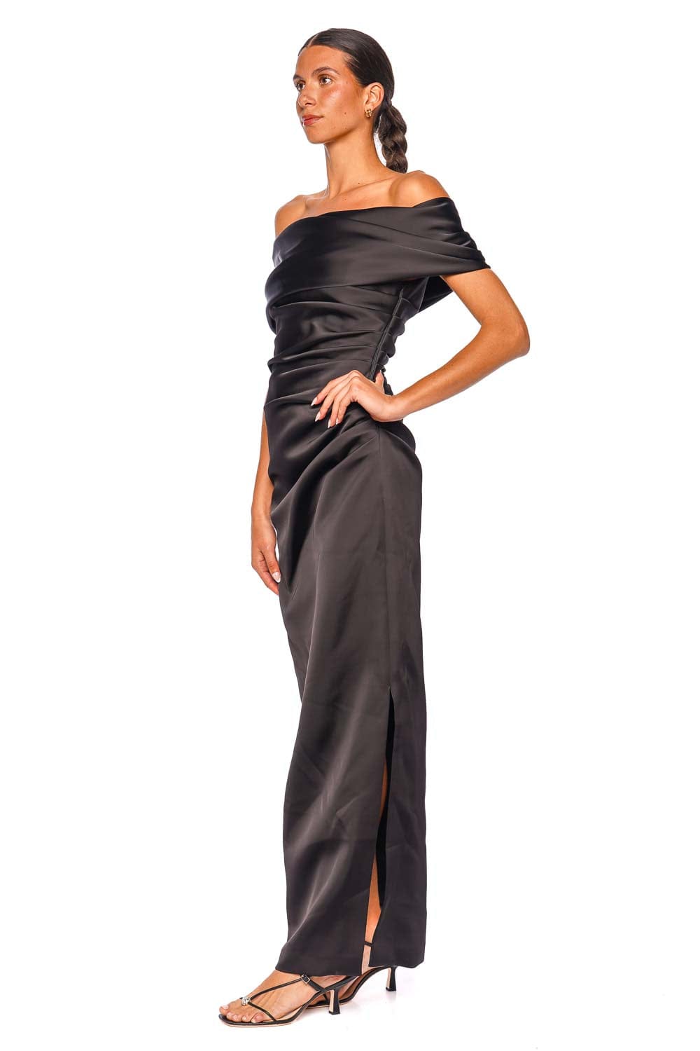 SIMKHAI Valencia Black Draped Satin Off Shoulder Gown