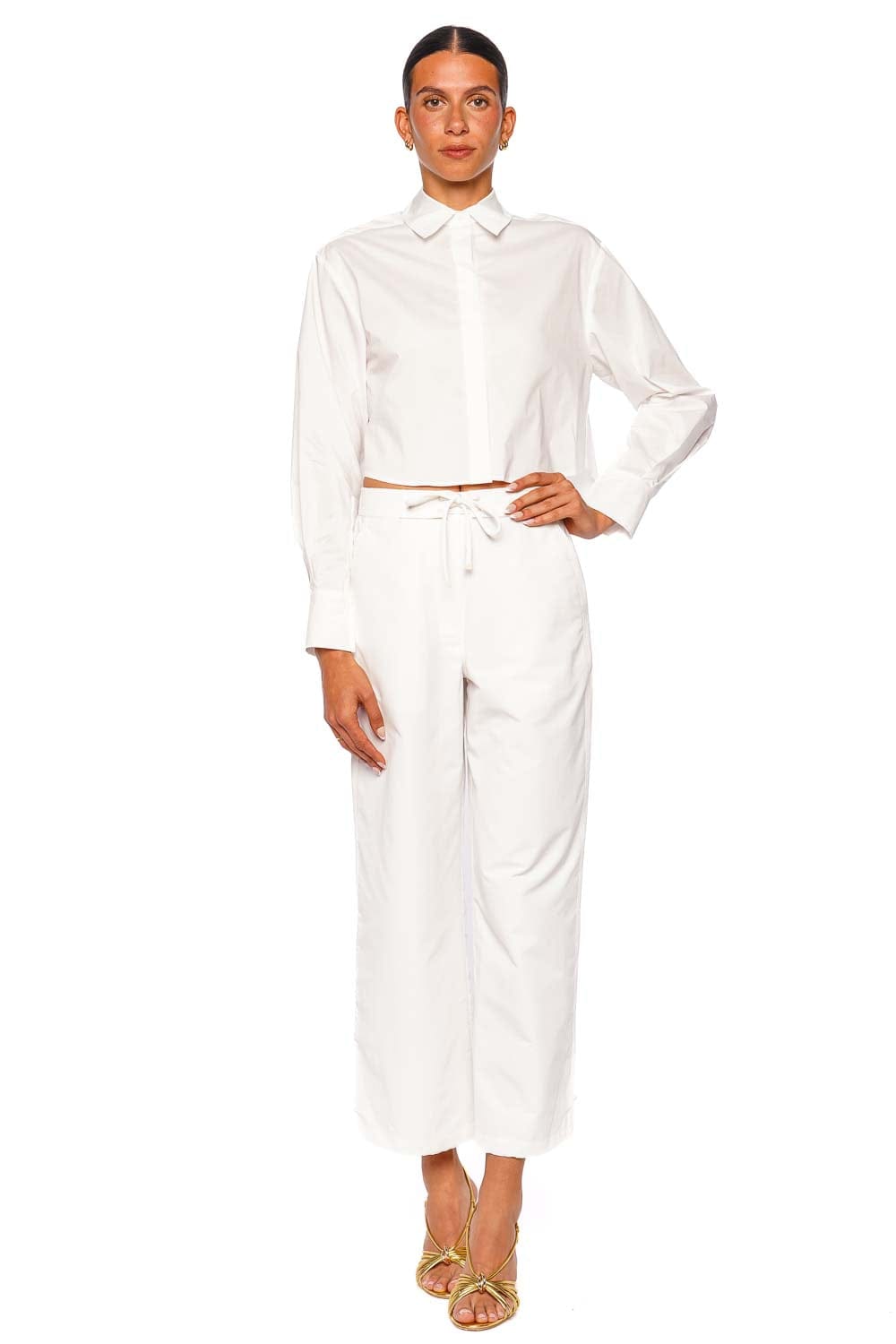 SIMKHAI Renata Cropped White Long Sleeve Button Down Shirt