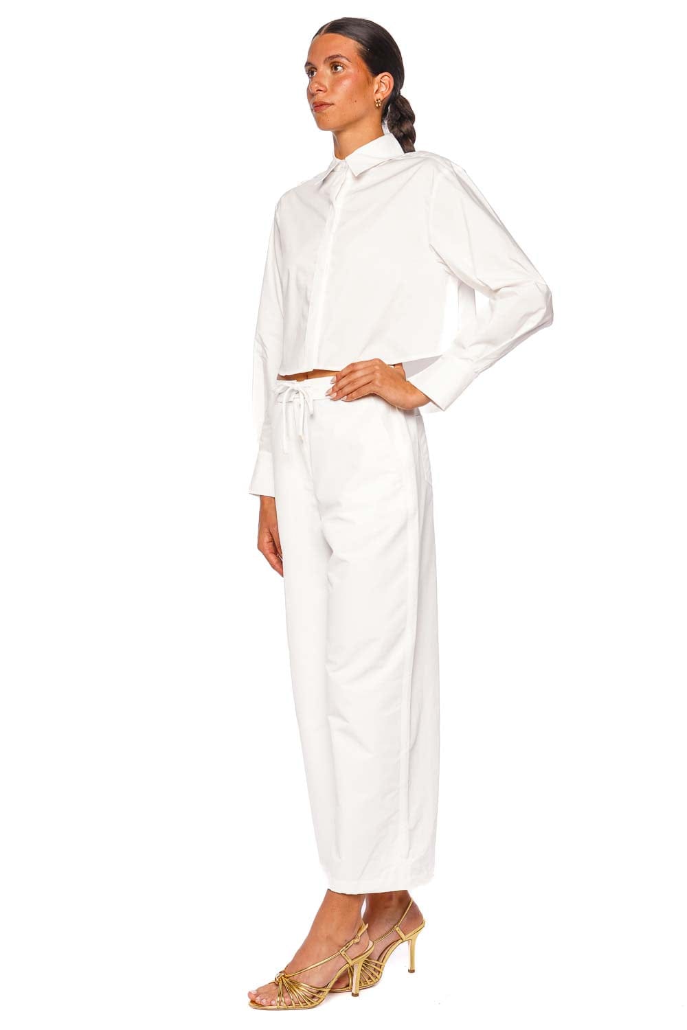 SIMKHAI Renata Cropped White Long Sleeve Button Down Shirt
