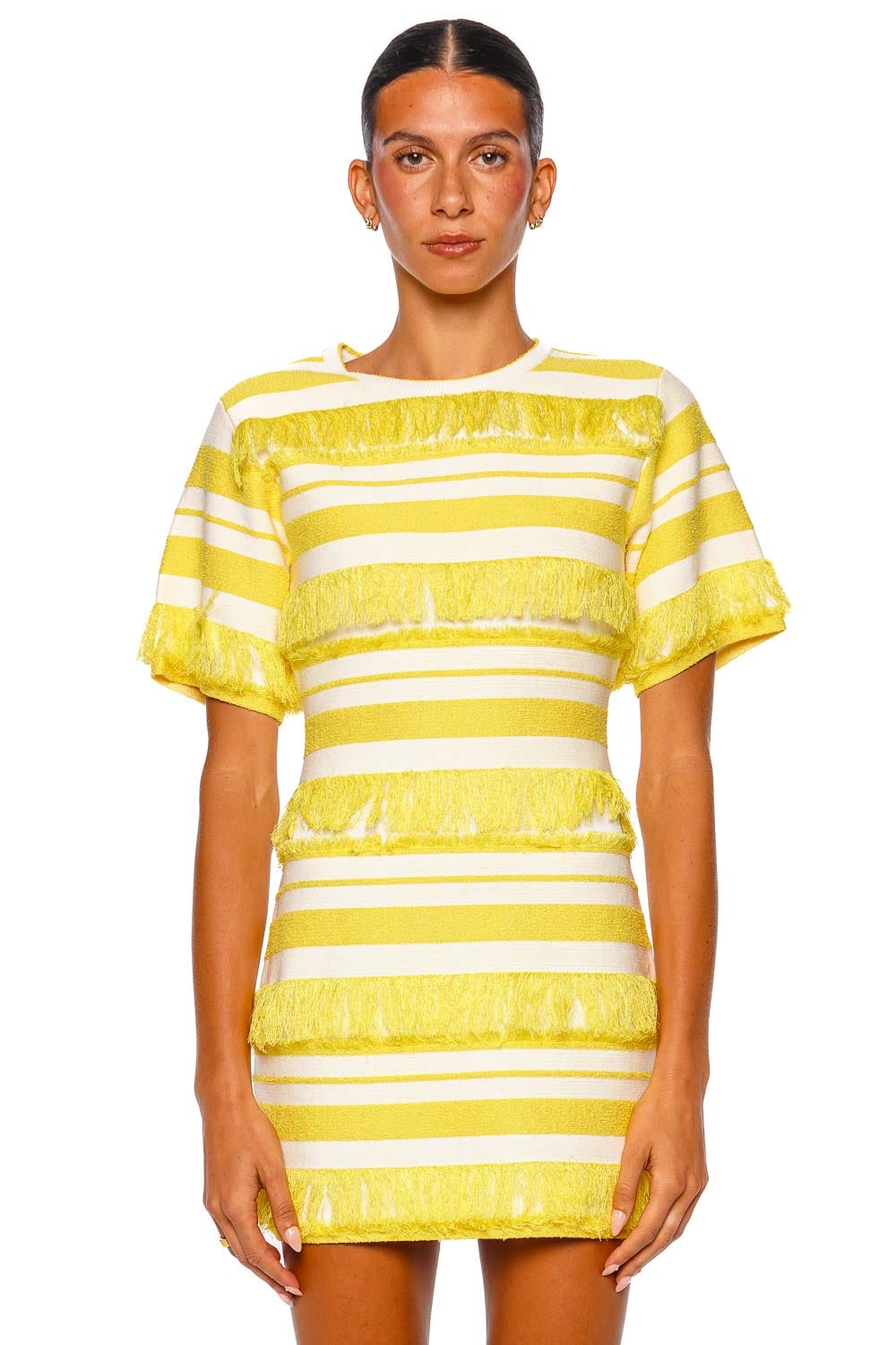 Torrance Fringed Knit Short Sleeve Mini Dress