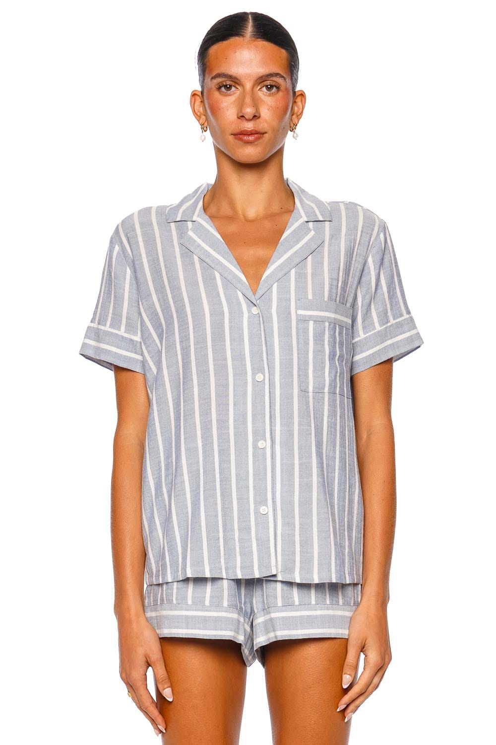 Eberjey Nautico Slate Blue Ivory Short Sleeve Shortie PJ Set