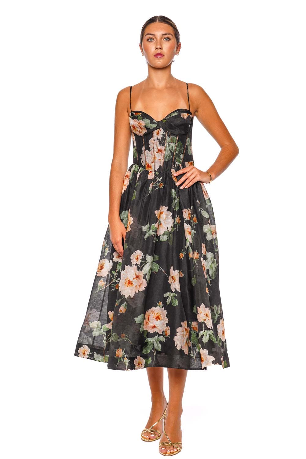 ZIMMERMANN Luna Corset Black Rose Strappy Midi Dress
