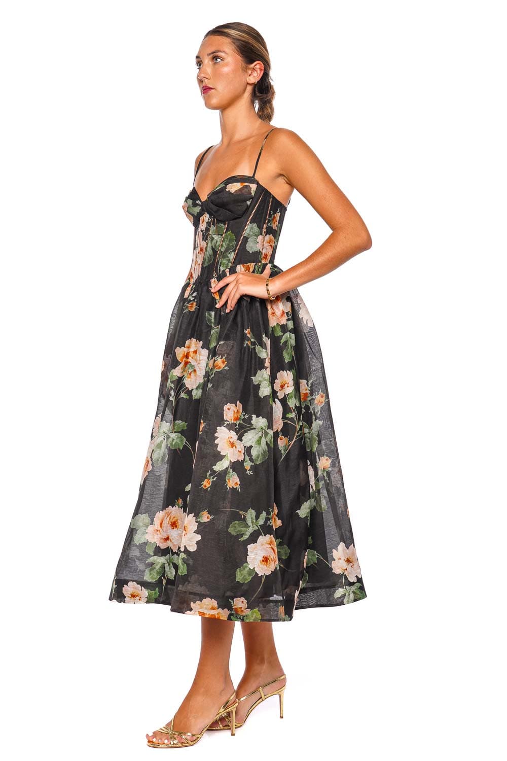ZIMMERMANN Luna Corset Black Rose Strappy Midi Dress