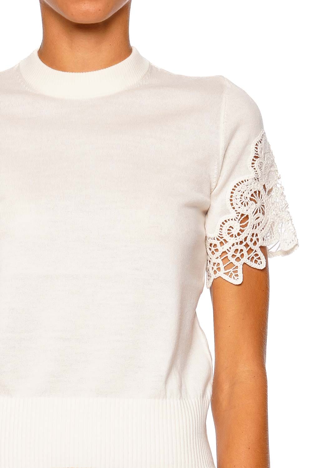 ZIMMERMANN Luna Merino Lace Tee Cream Short Sleeve Knit Top