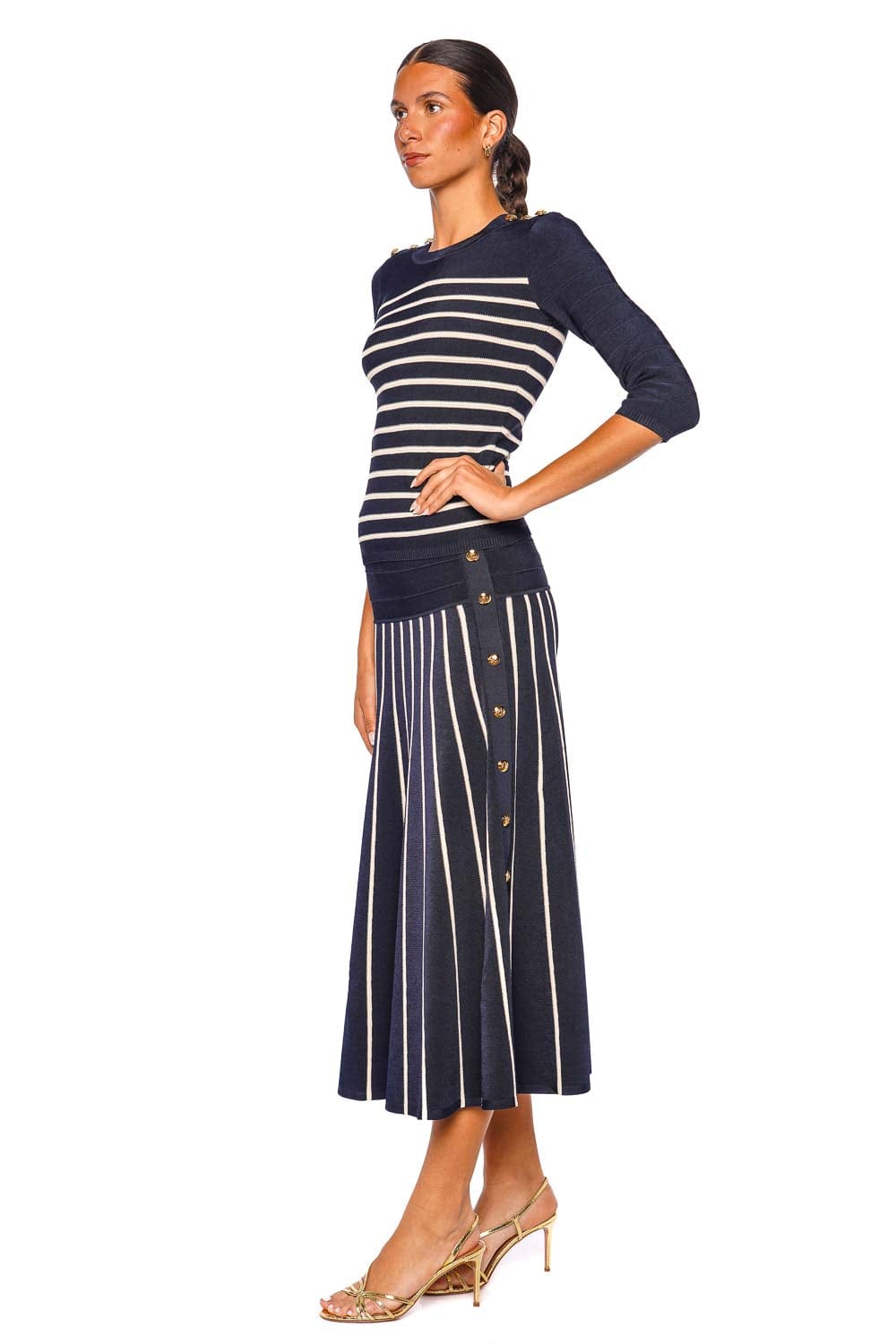 ZIMMERMANN Luna Navy Cream Striped Knit Midi Skirt