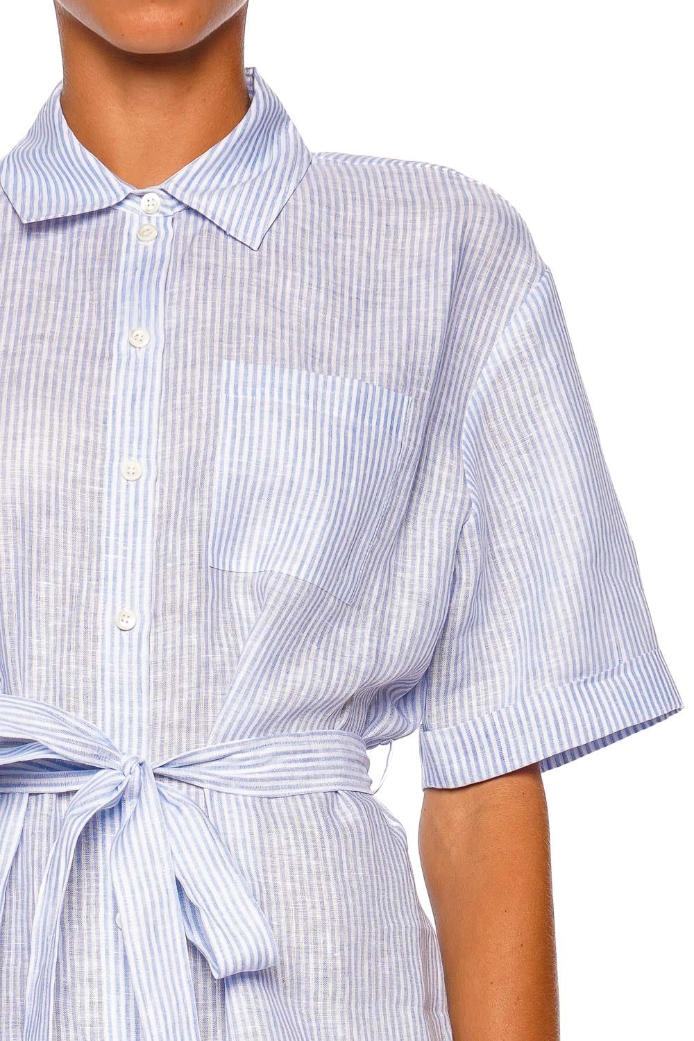 FRAME The Linen Belted Dress Blue Short Sleeve Mini Dress