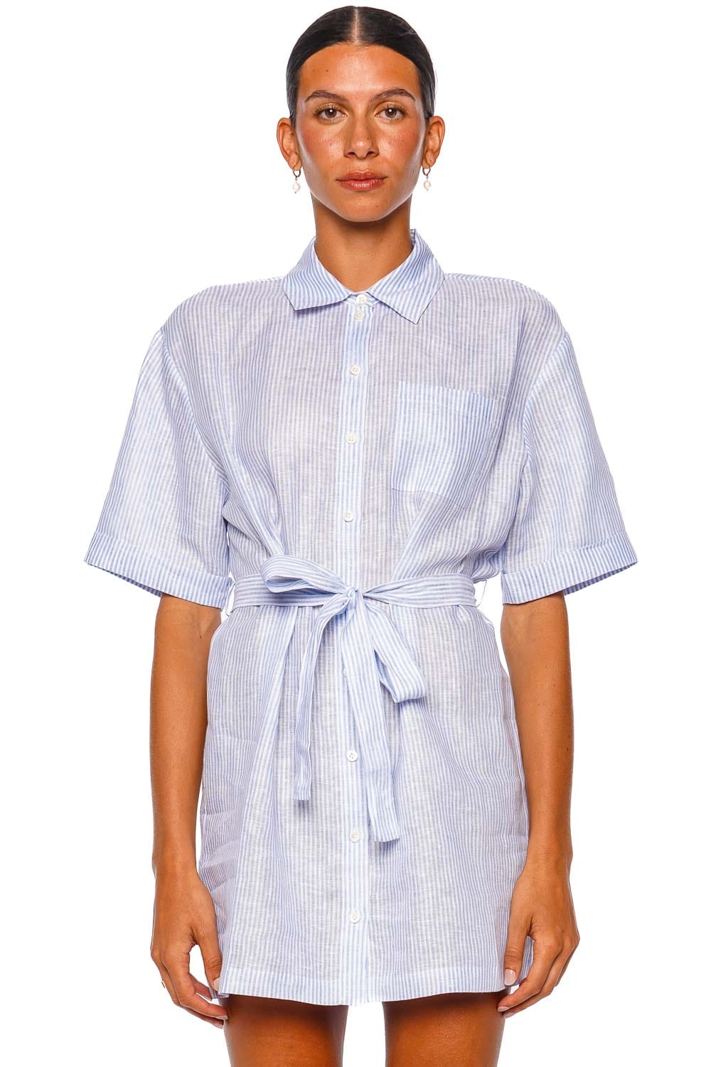 FRAME The Linen Belted Dress Blue Short Sleeve Mini Dress