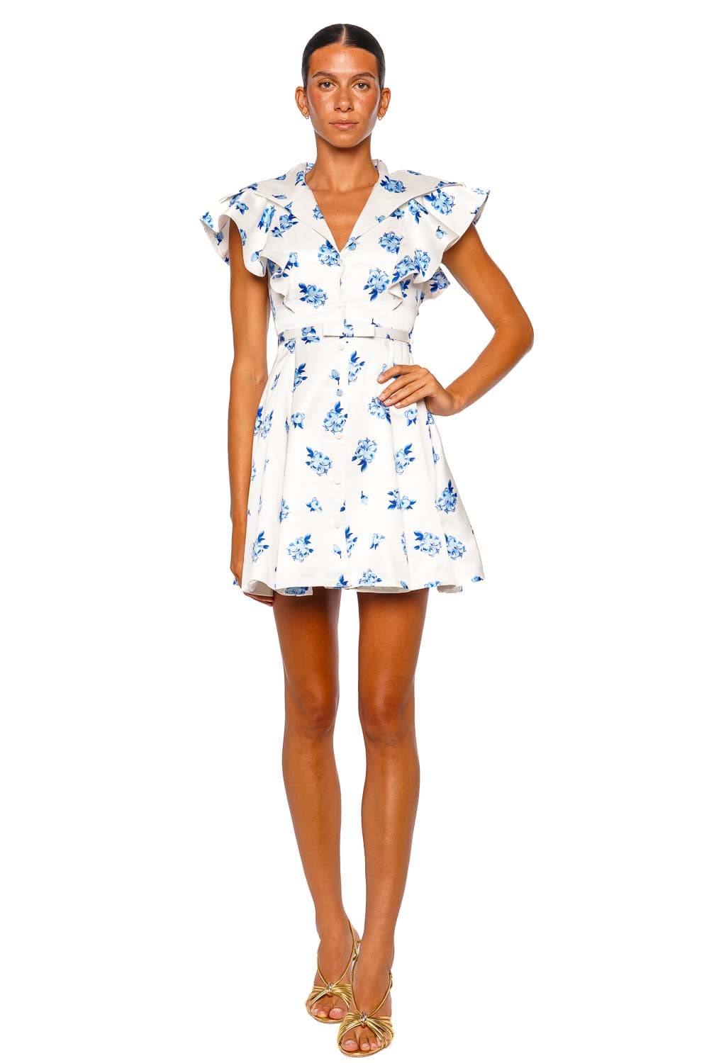 LEO LIN Isla Blue Floral Ruffle Cap Sleeve Mini Dress