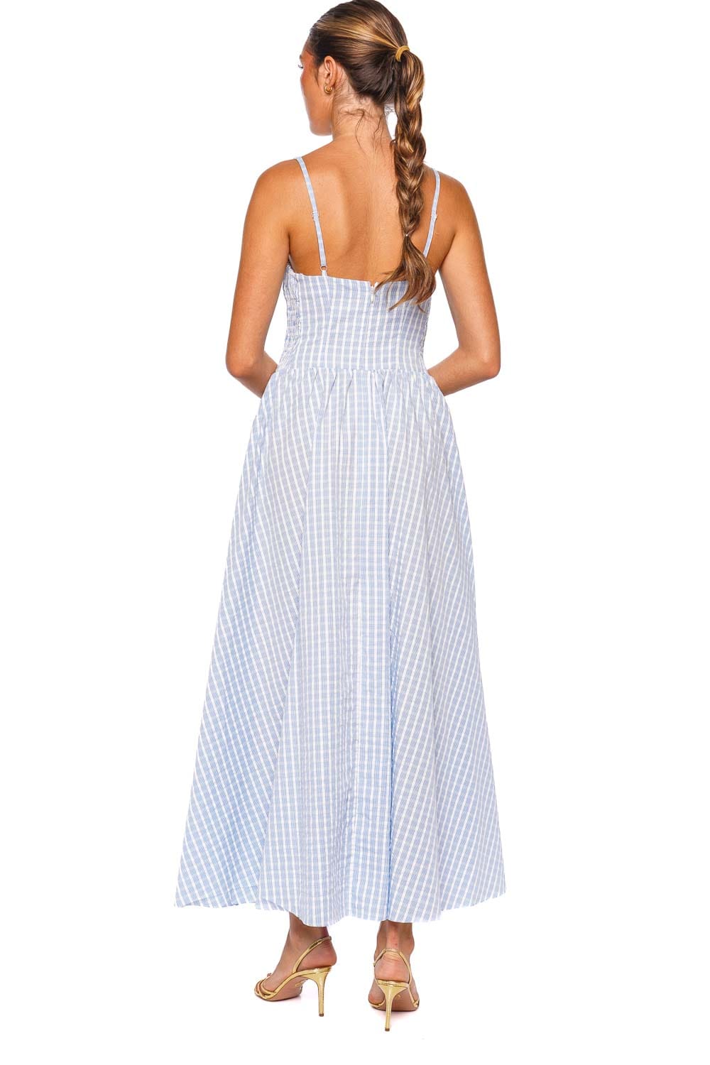 Faithfull The Brand Chiara Light Blue White Strappy Midi Dress