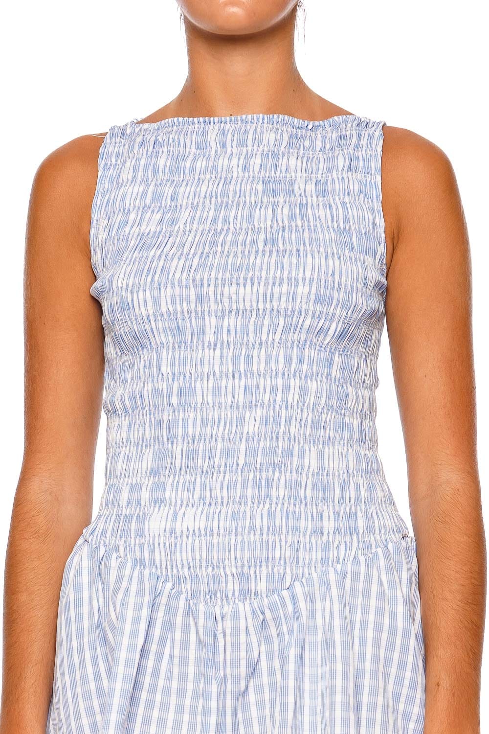 Faithfull The Brand Martina Light Blue White Sleeveless Mini Dress