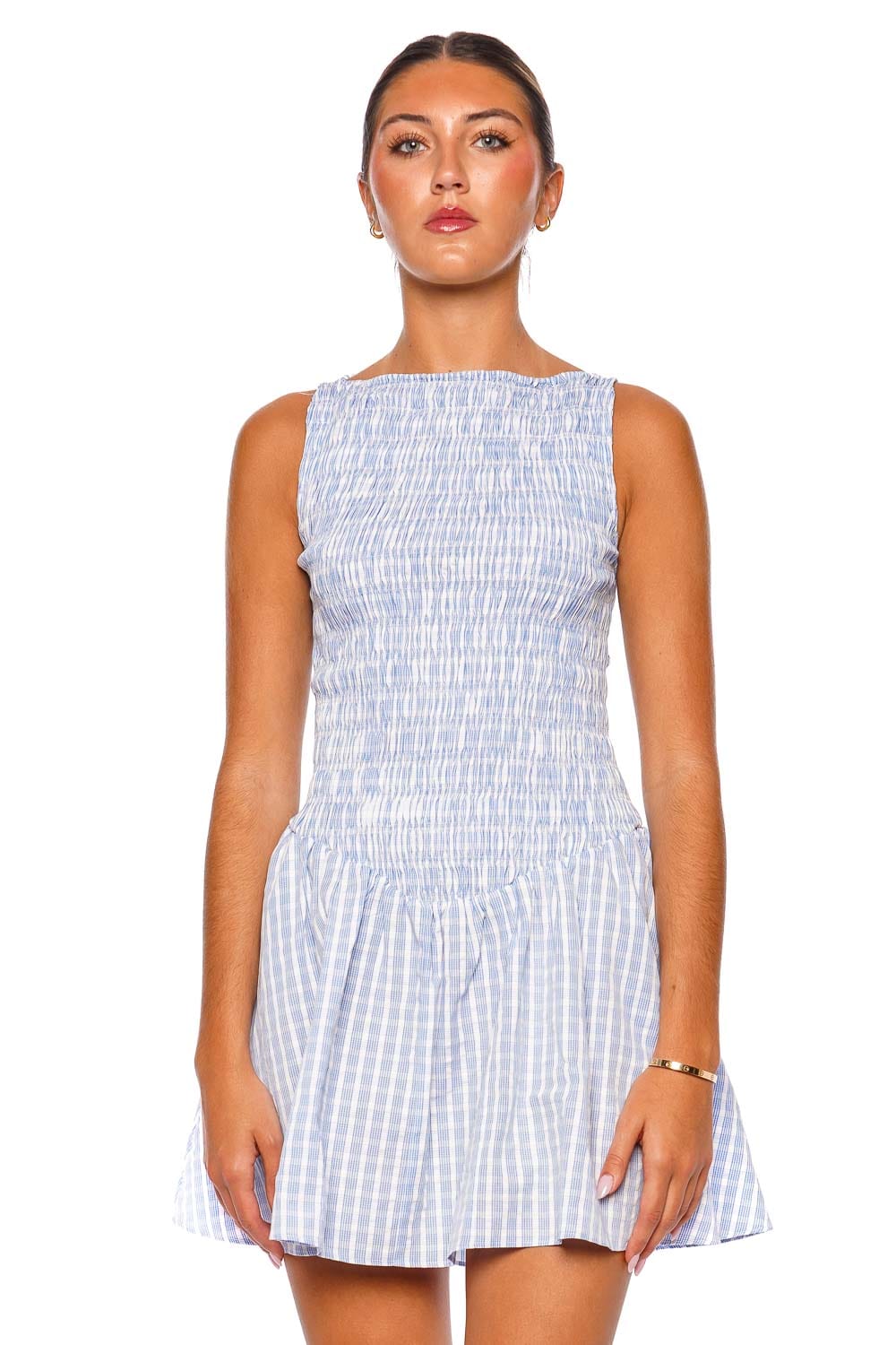 Faithfull The Brand Martina Light Blue White Sleeveless Mini Dress