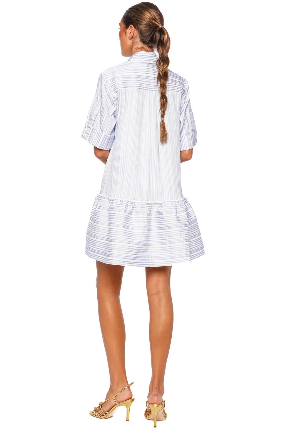 SIMKHAI Cris Blue Stripe Short Sleeve Shirt Mini Dress
