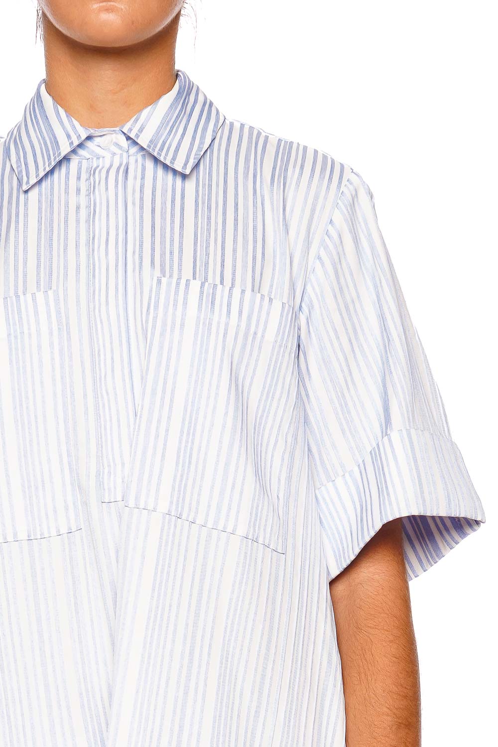 SIMKHAI Cris Blue Stripe Short Sleeve Shirt Mini Dress