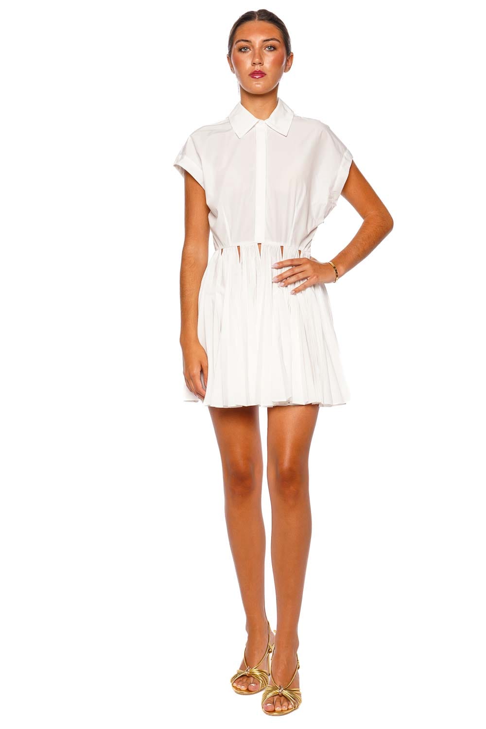 SIMKHAI Selin White Cap Sleeve Pleated Mini Dress
