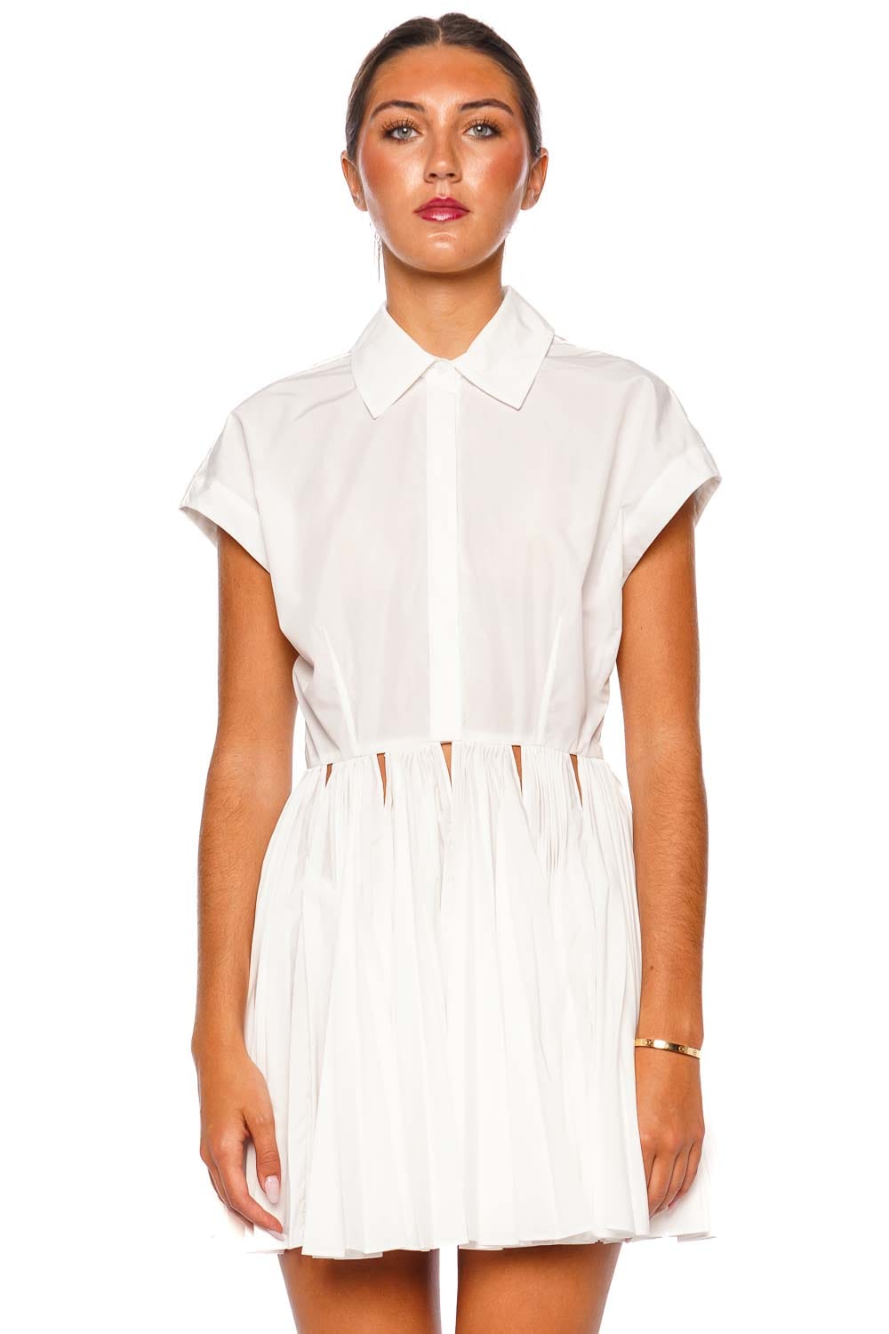 SIMKHAI Selin White Cap Sleeve Pleated Mini Dress