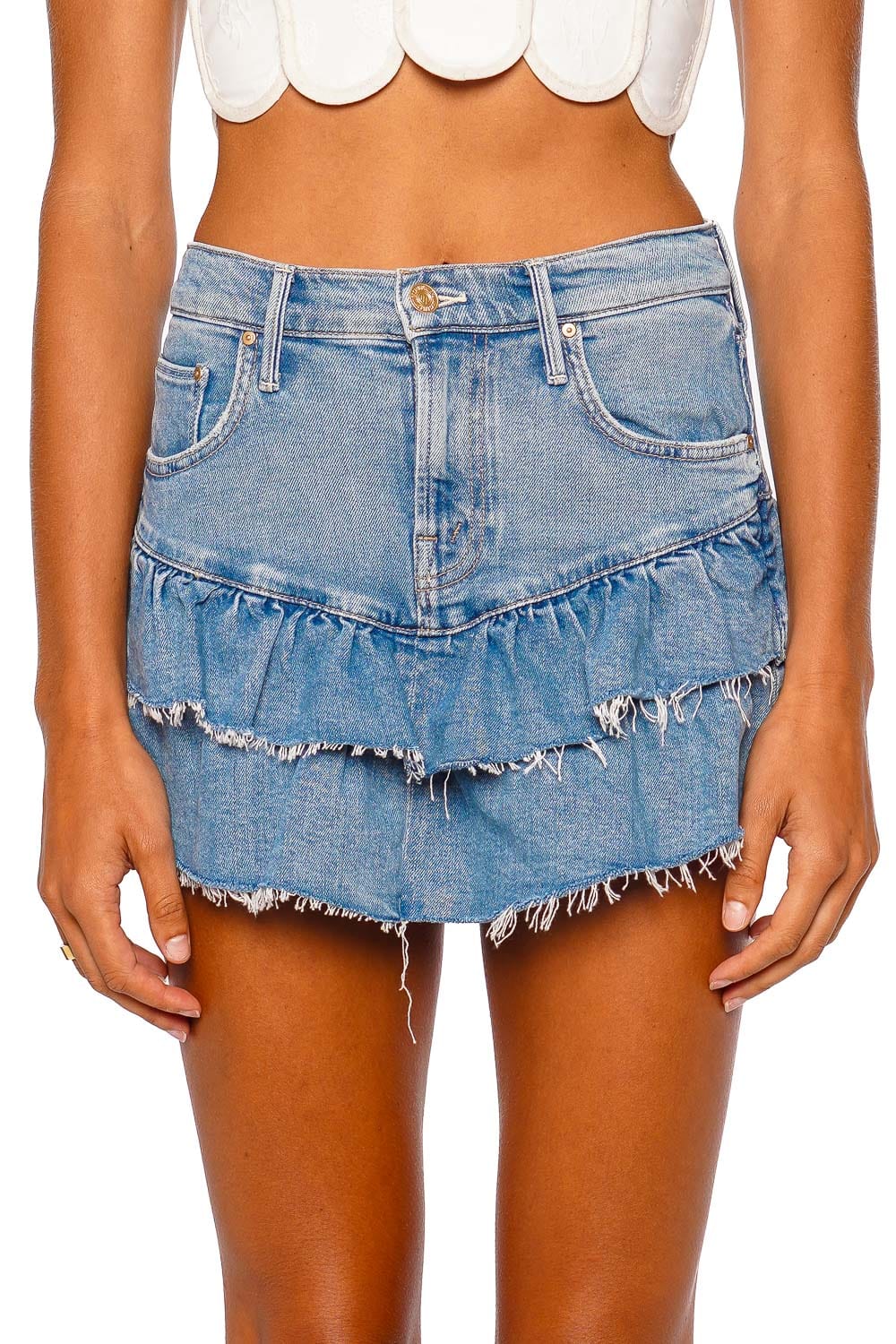 パンツ andmary Fur pocket denim skirt The Ruffle My Feathers Mini Fray Denim Skirt
