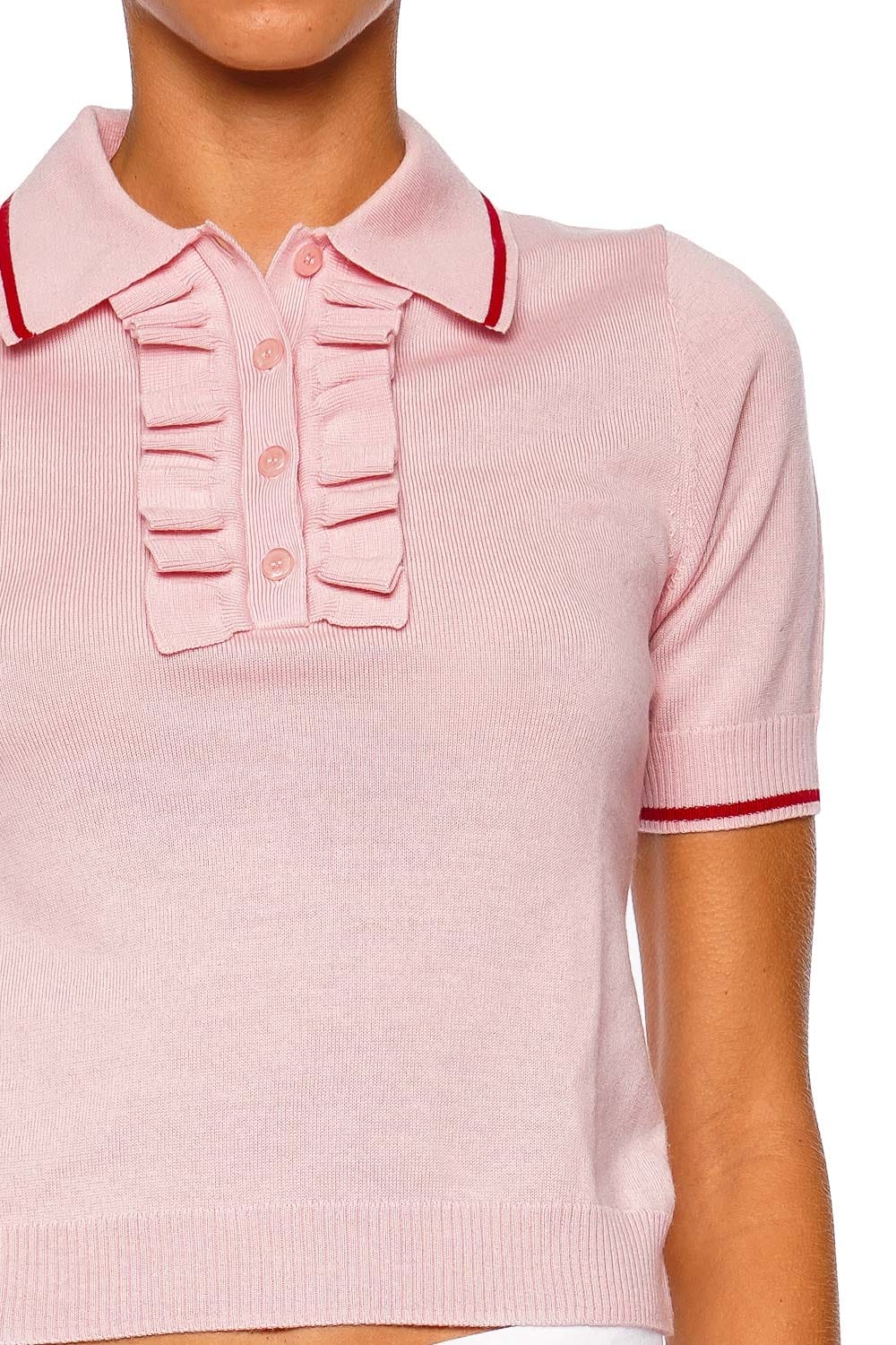 MOTHER Denim The SS Ruffle Raquette Pink Short Sleeve Knit Polo Top