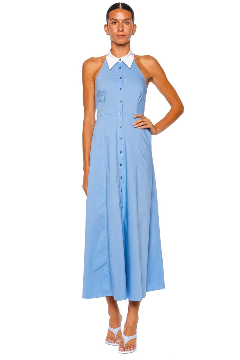 L'agence Maurie Contrast Collar Poplin Halter Maxi Dress
