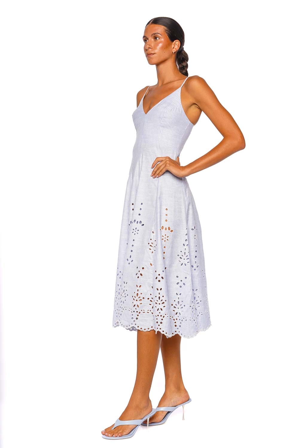 Hemant and Nandita Dhara Light Blue Striped Sleeveless Midi Dress