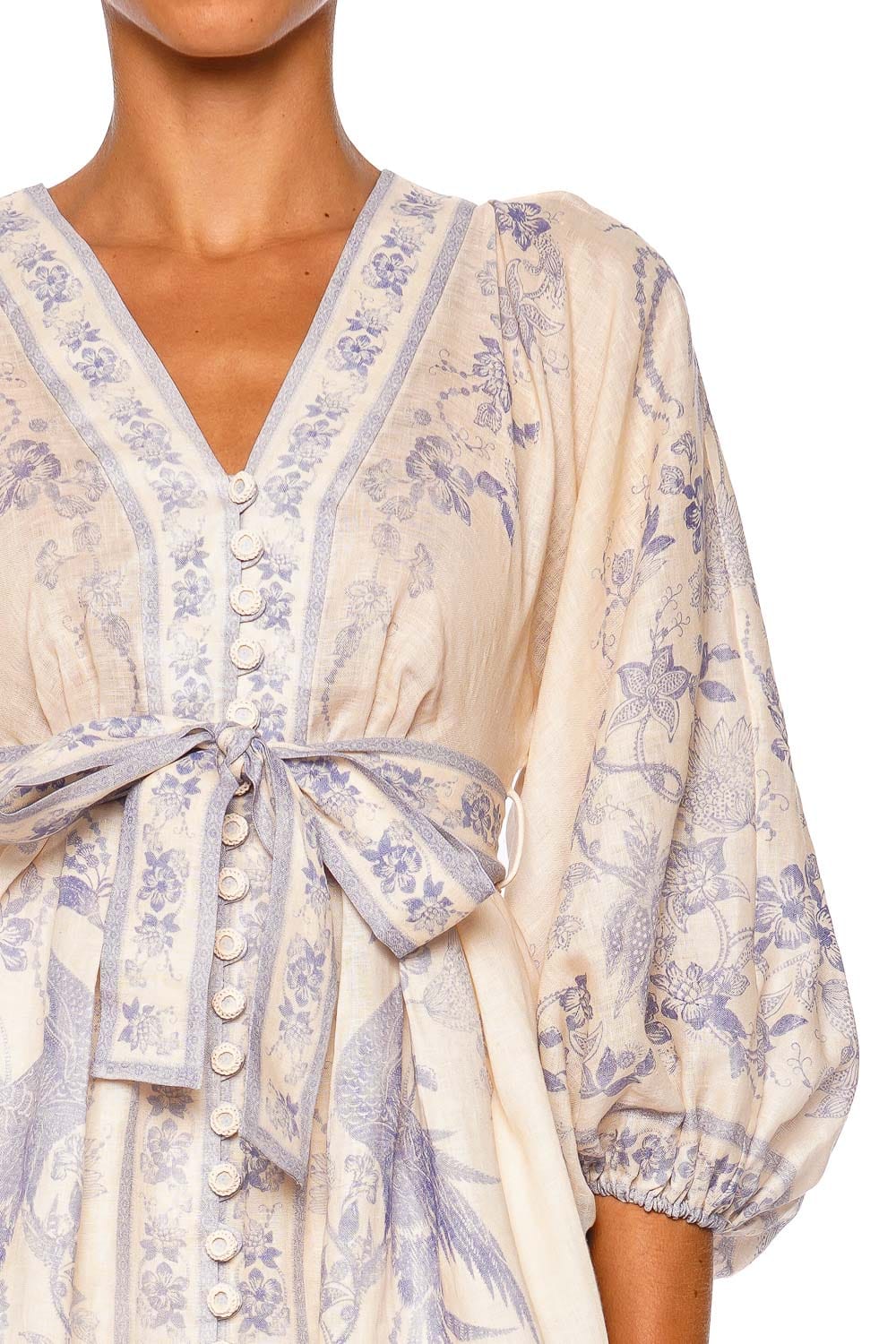 ZIMMERMANN Indra Cream Lilac Floral Long Sleeve Plunge Mini Dress