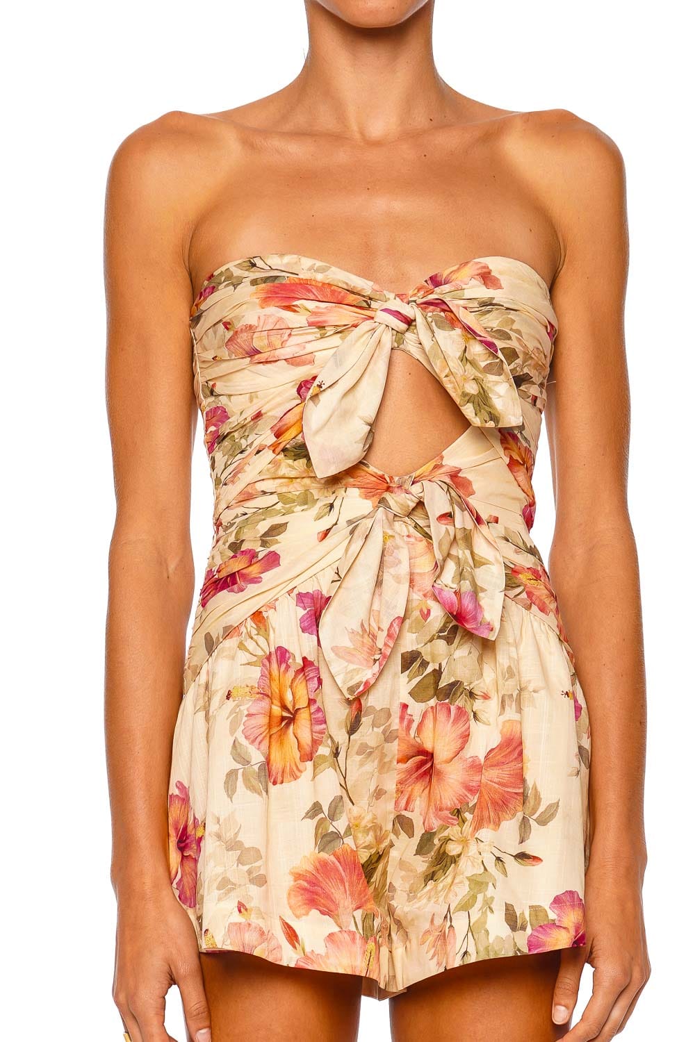 ZIMMERMANN Mahon Rosella Hibiscus Cream Strapless Floral Playsuit